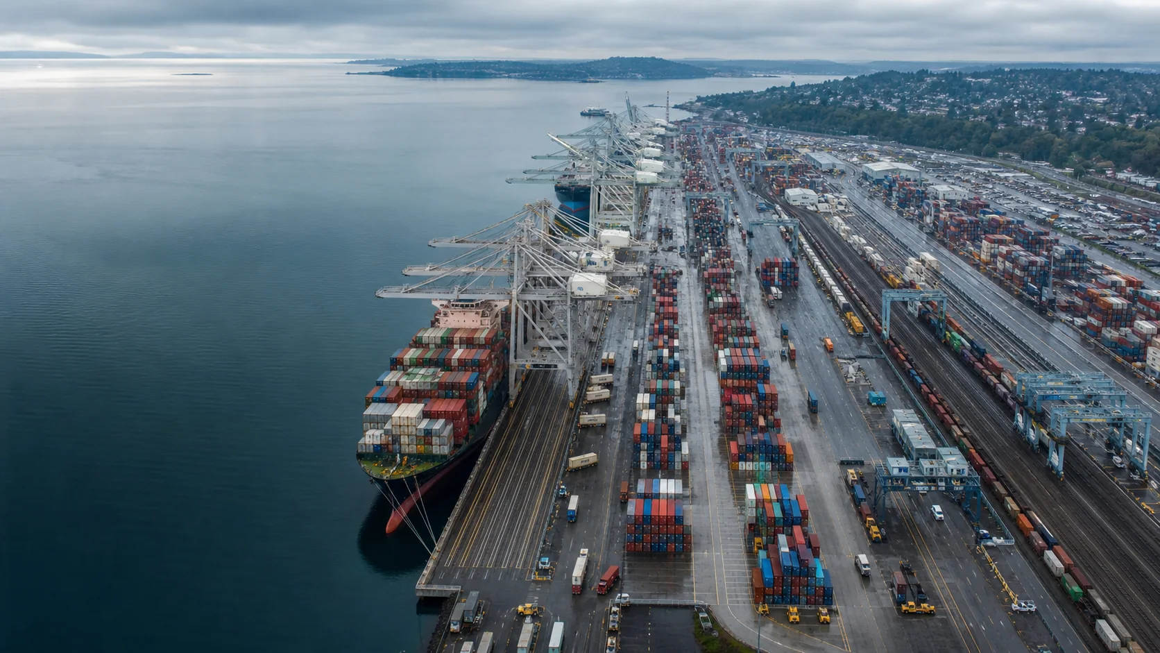 Aerial view of an interconnected container port, rail network and shipping terminal